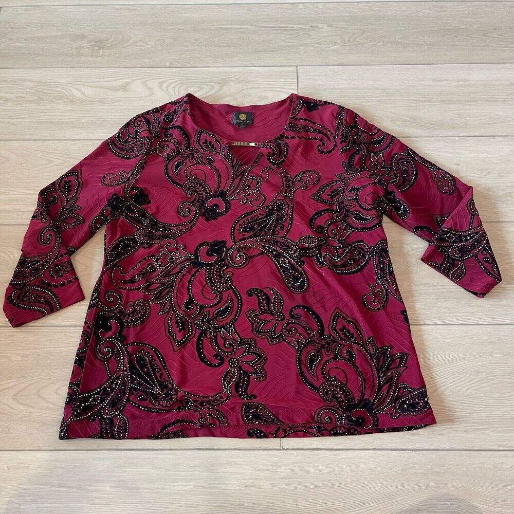 JM Collection Womens Blouse PL Red/Black Velvet Beaded Paisley dark academia